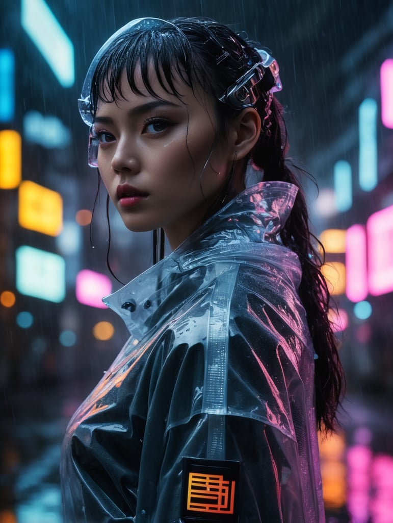 Cyborg girl wearing transparent raincoat, cyborg parts, rainy dark and neon tokio photo shoot, cyberpunk style, bright colours, high contrast, contrast lights