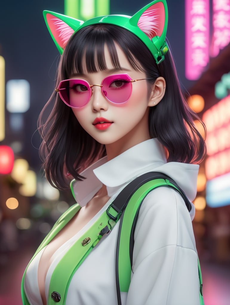 Premium AI Image, modern anime character of Chinese girl AI generated, neon, sunglasses, small cat, lizard