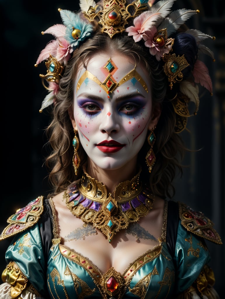 Epic portrait of tvenetian harlequin female clown in pastels and gold intricate embellishments and geometric patterns and designs, high definition, photography, cinematic, detailed character portrait, detailed and intricate environment, strong breeze, nevus under left eye, detailed and intricate environment