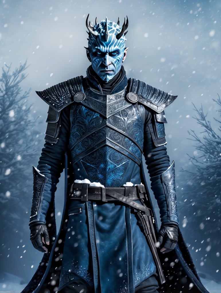 Night King, dark blue snowy background, wearing modern clothes, hyper realistic, hyper detailed male post-apocalyptic full body outfit, male character concept,
