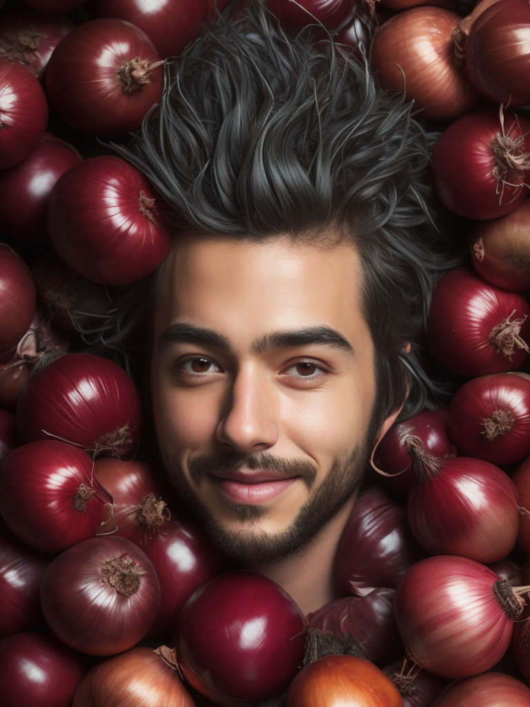 a man is surrounded by onions and onions in a pile of them, looking up at the camera man is smiling, a stock photo, conceptual art, photorealistic imagery