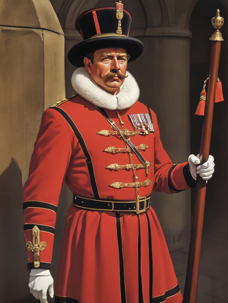 Retro poster of a Beefeater man, ceremonial guard of the Tower of London.