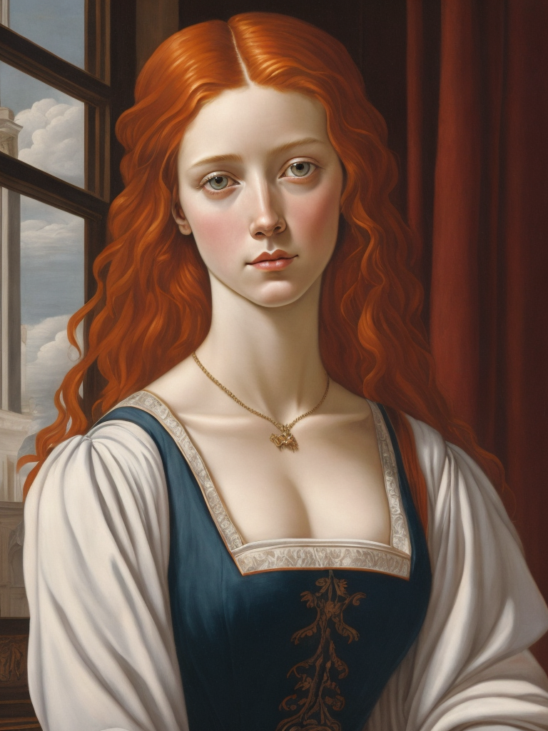 Portrait of a red-haired young girl, with beautiful half-open tits, in front of a window, vintage dress, 15th century, painting, oil, Italy, style of Sandro Botticelli, illustration,