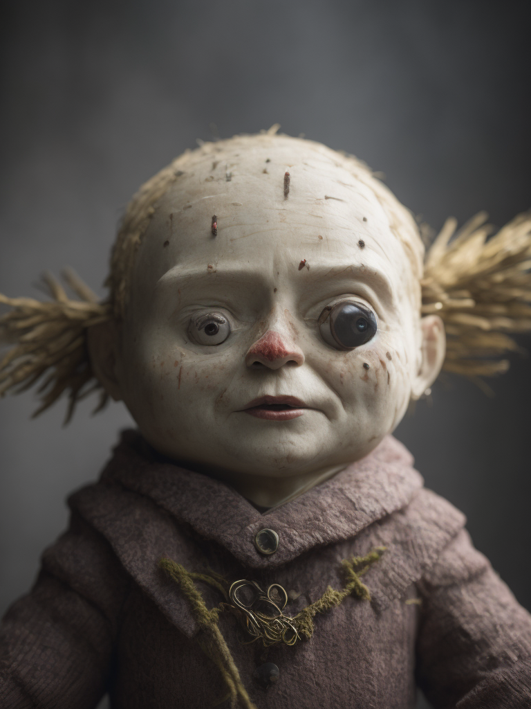 Putin as a voodoo doll with needles and spokes stuck in his body on a round stone table drenched in blood with the dramatic lightning