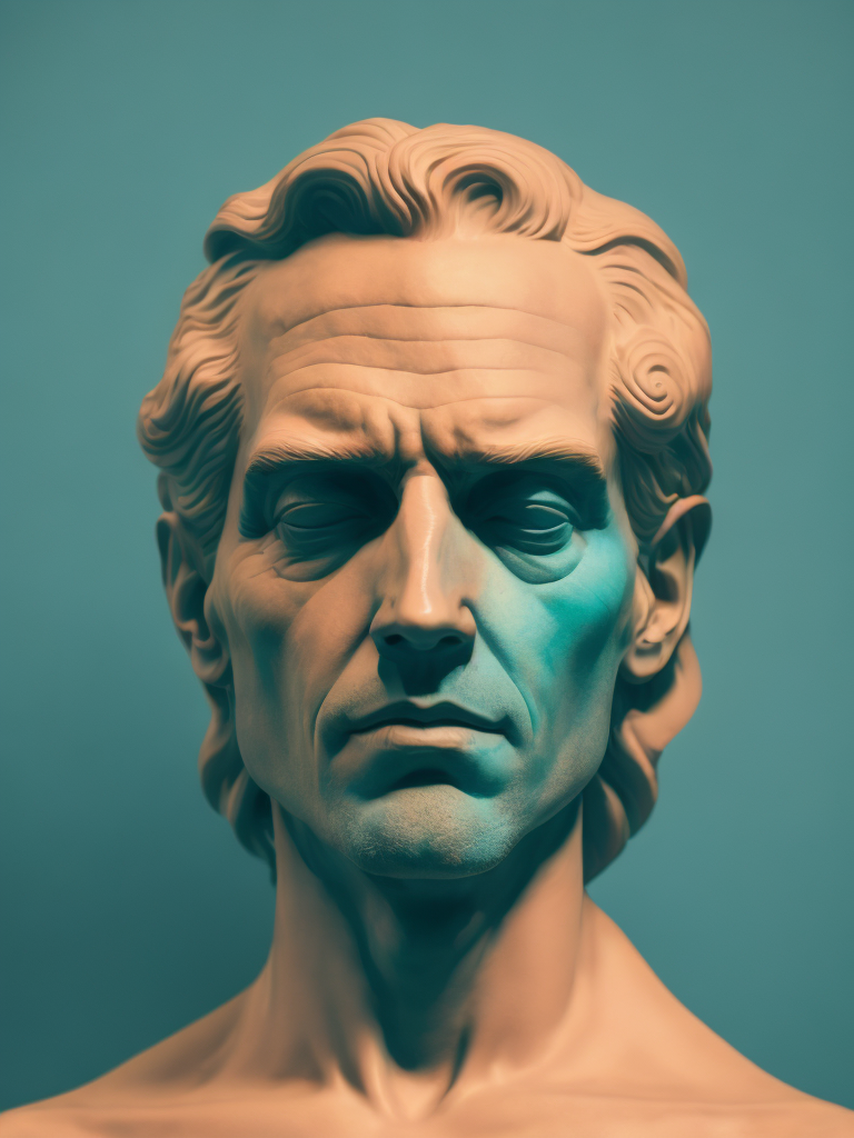 Human head on a pink colored background, in the style of dark cyan and light aquamarine, neoclassical sculptures, photo - realistic techniques, light cyan and orange, fluid photography, photo - realistic hyperbole, neoclassical figures, live eyes