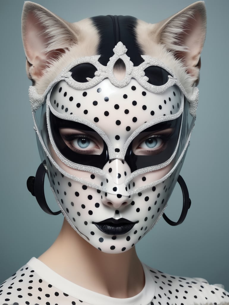 front portrait Photography, transparent dark plexiglass printed with polka dots colors print, cat woman mask, an attractive, 80 degree view, art by Sergio Lopez , Natalie Shau, James Jean and Salvador Dali