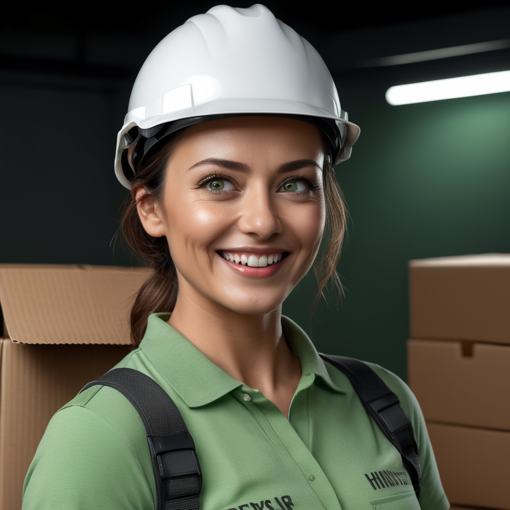 happy worker using construction helmet, polo tshirt color #FDB813, with a box on her hands smiling, green eyes, white background