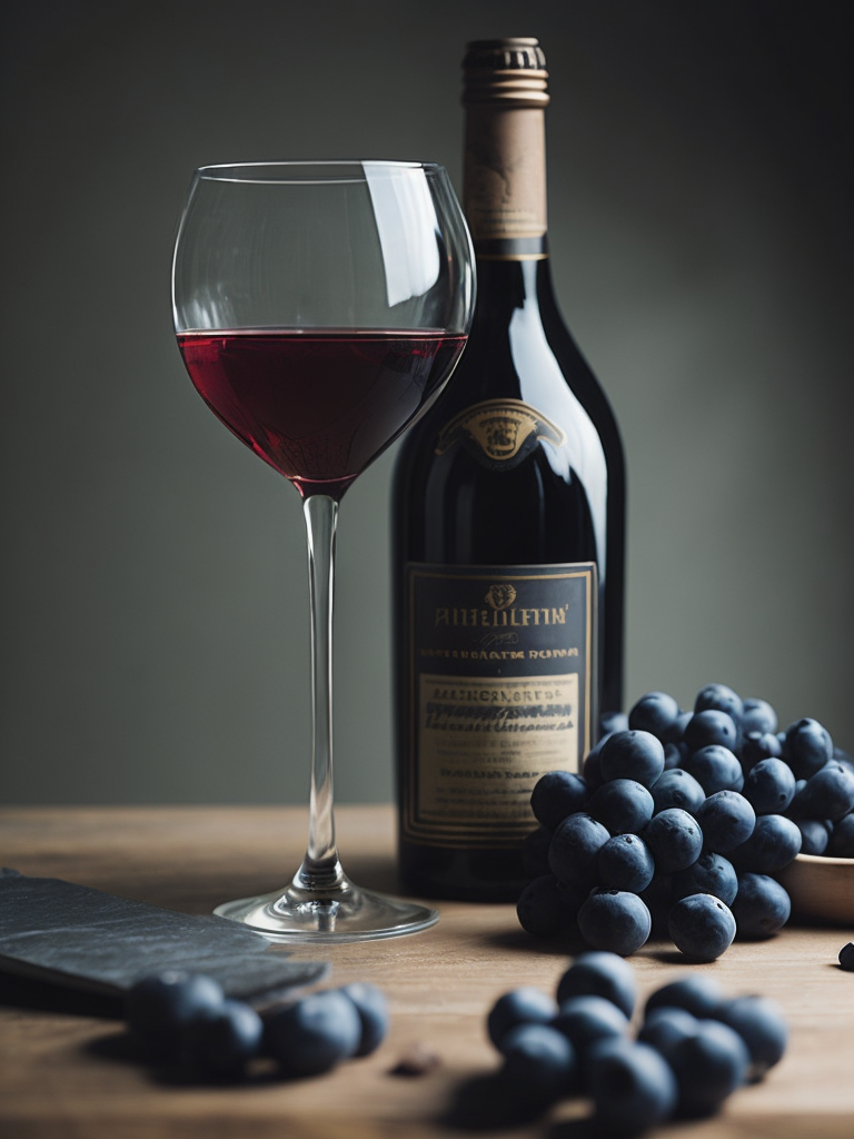 wine bottle with glass of dark red wine, grapes