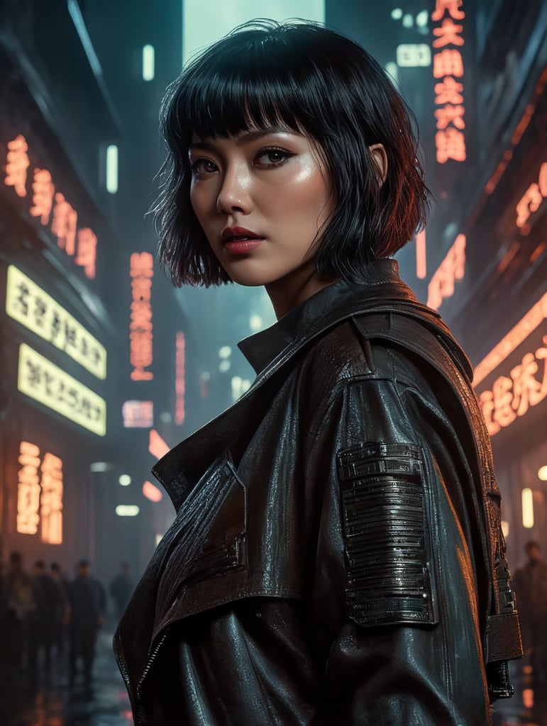 Motoko kusanagi in blade runner 1982, neo noir, cyberpunk, cinema still medium shot 8k