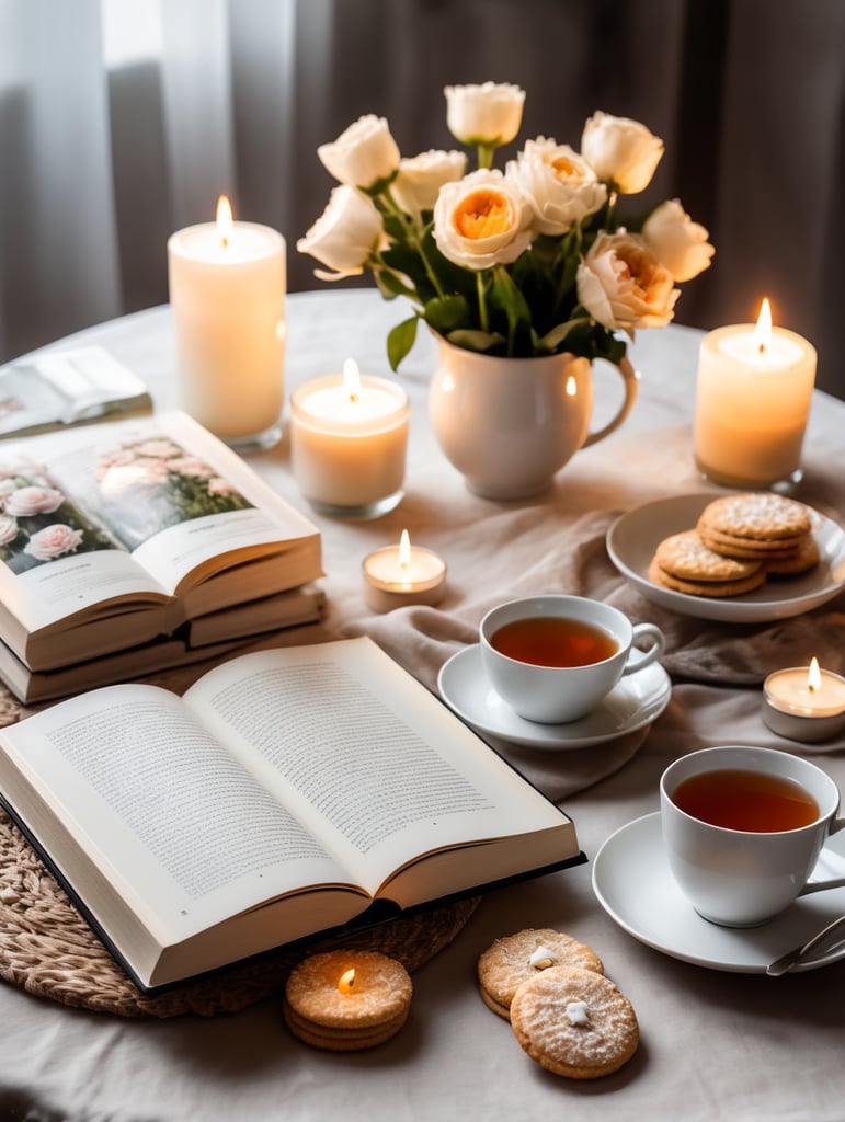 a book with a white cover on a table decorated with flowers, candles and a cup of tea and cookies