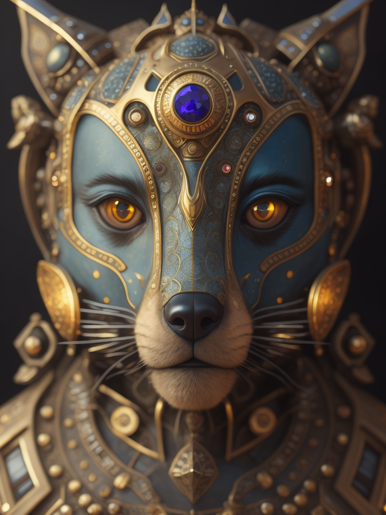 Masterpiece sculpture of an ornate bejeweled mechanical robot dog face, by annie swynnerton and diego rivera and nicholas roerich and jean delville, symbolist, dramatic lighting, god rays, elaborate geometric ornament, art brut, rich colors, smooth, sharp focus, extremely detailed, adolf wolfli and donato giancola