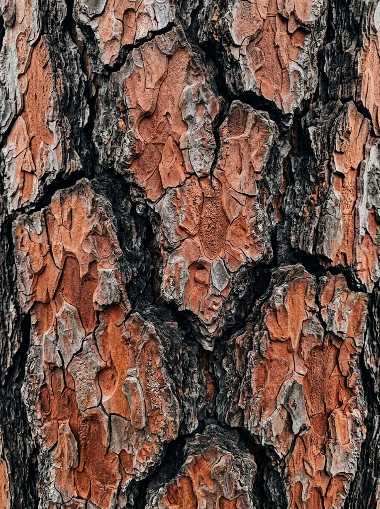 close-up macro photography of rugged tree bark, thick scaly plates separated by deep jagged fissures, interlocking puzzle-like organic shapes, weathered surface in terracotta red and silvery grey tones, deep charcoal black shadows emphasizing 3D relief, highly detailed natural abstract pattern, sharp focus, full-frame texture