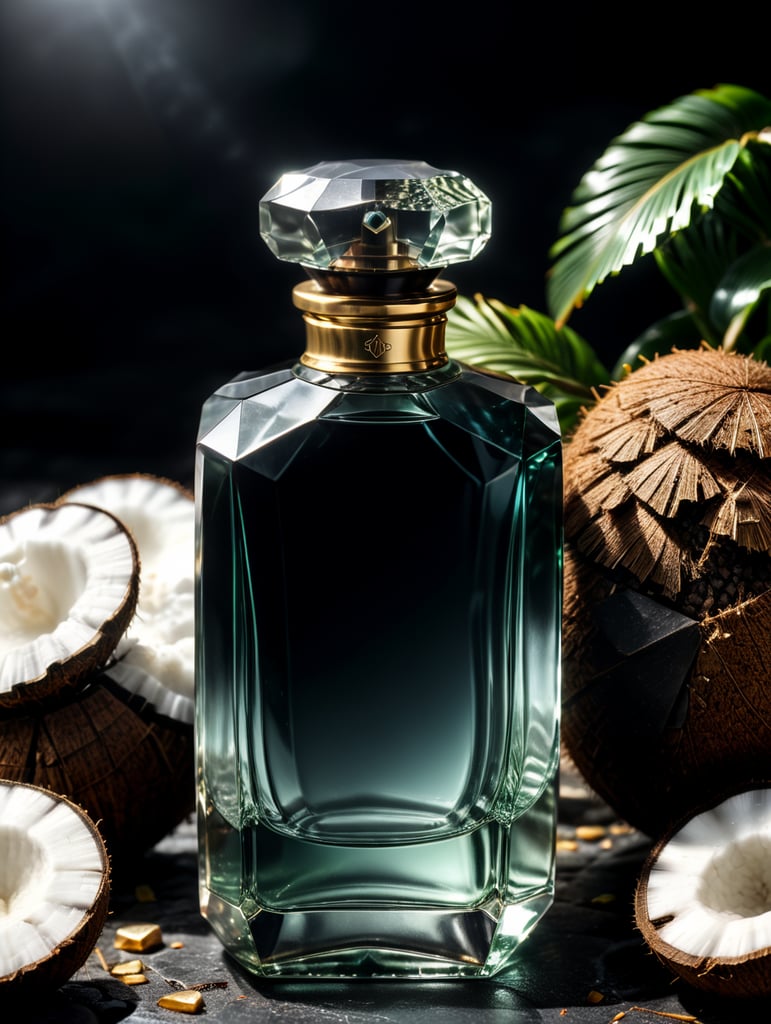 professional photography of a luxury perfume, square bottle, faceted stone in the form of a cap, surrounding a coconut, no label, clear, mockup