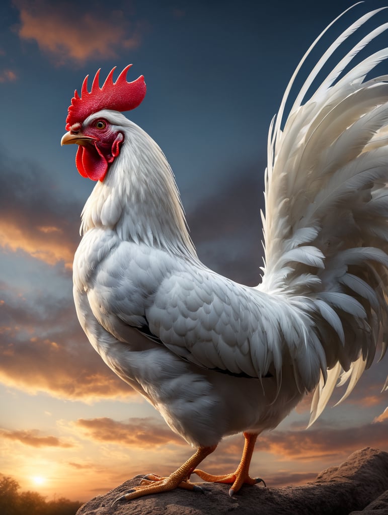 beautiful photorealistic rooster in white crowing in morning outside, beautiful morning sky