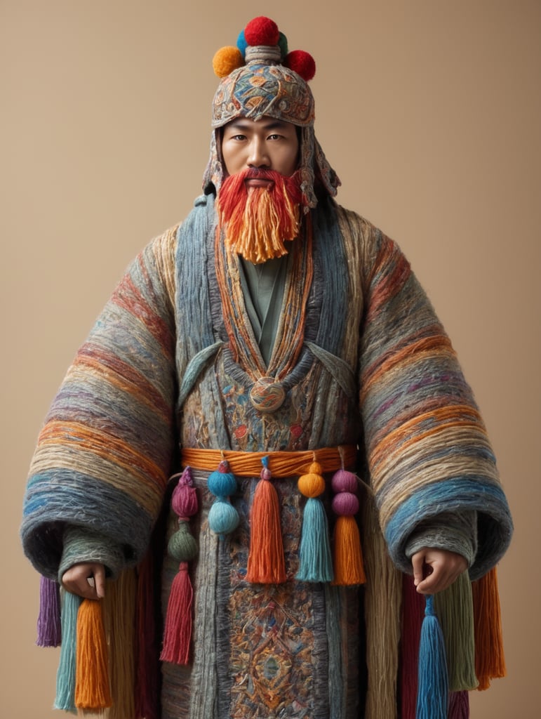 a humanoid figure made entirely of various colored yarns, strings, and threads.body is roughly human-like in shape, with long limbs and a somewhat slender build.head is adorned with a pointed hat, also made of yarn, which is topped with a small, ornamental pom-pom.has large, round eyes. skin tone appears to be a mix of various colored yarns. wears a long, flowing robe made of different colored yarns, with intricate patterns woven into it. The sleeves of the robe are wide and voluminous, and it has a deep hood that he can pull up over his head when needed.