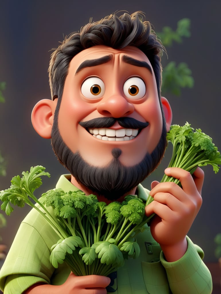 ugly man with parsley in his hand cartoon style