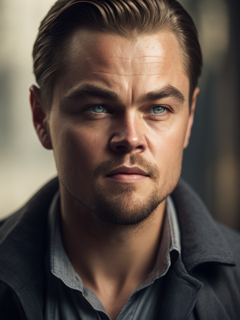 Portrait of Leonardo DiCaprio as the protagonist of The Revenant, contrasting light, detailed face, muted tones