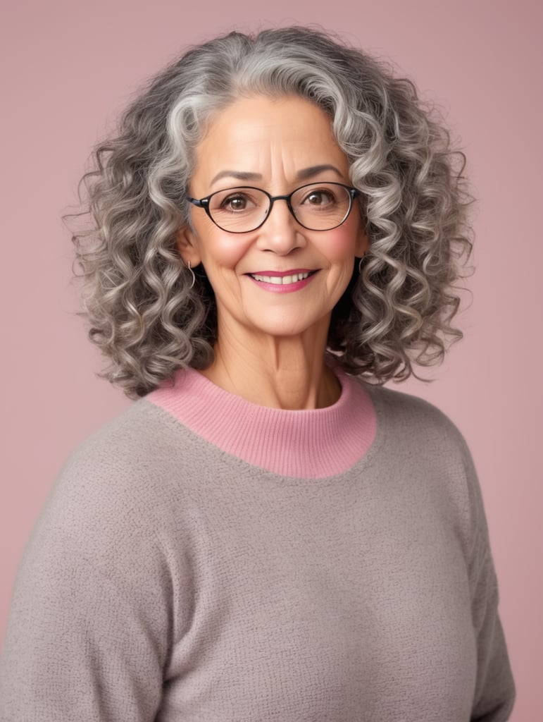 A 60 female year old high school English teacher with grey med curly hair , a grey ugly sweater ,a big nose, pink pants and wide ish eyes