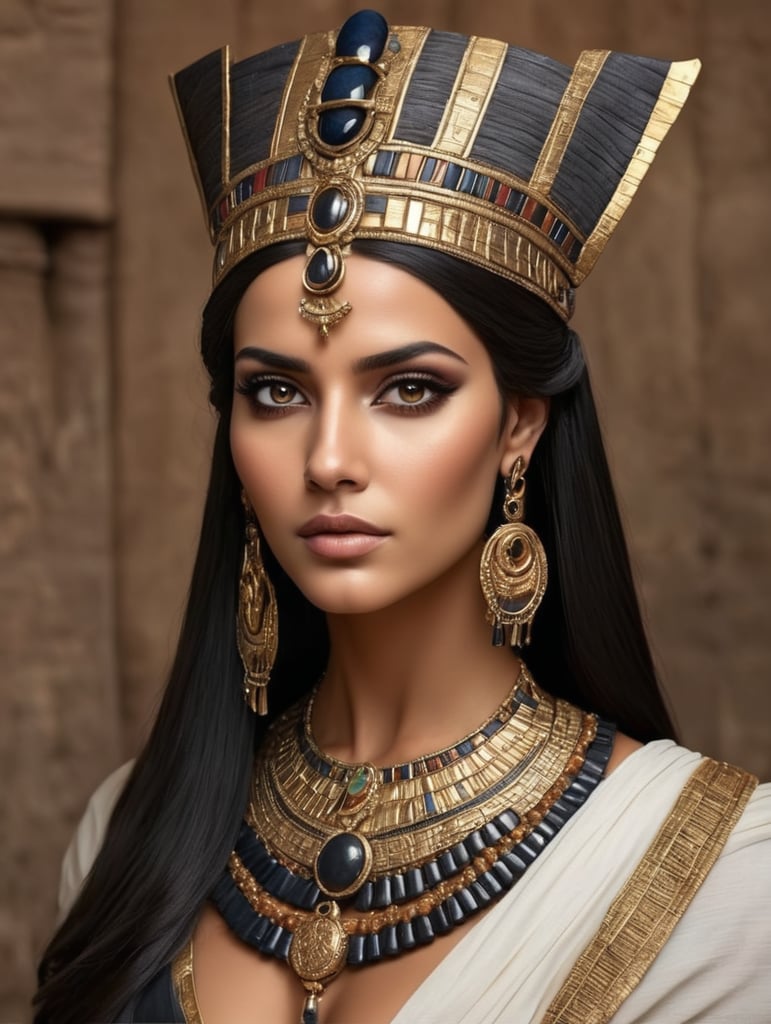 beautiful ancient egypt queen, dark cloth, dark hair, brown eyes, head accessories