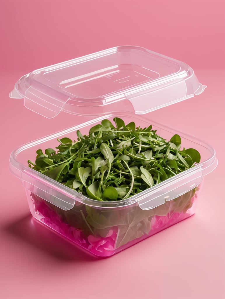 blank Transparent Plastic Container with Arugula Salad, isolated, pink background, Mockup, mock up