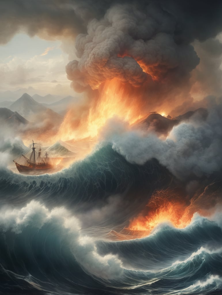 Epic photograph of an earthquake in Japan, large waves, destruction, fire, in the style of Aivazovsky