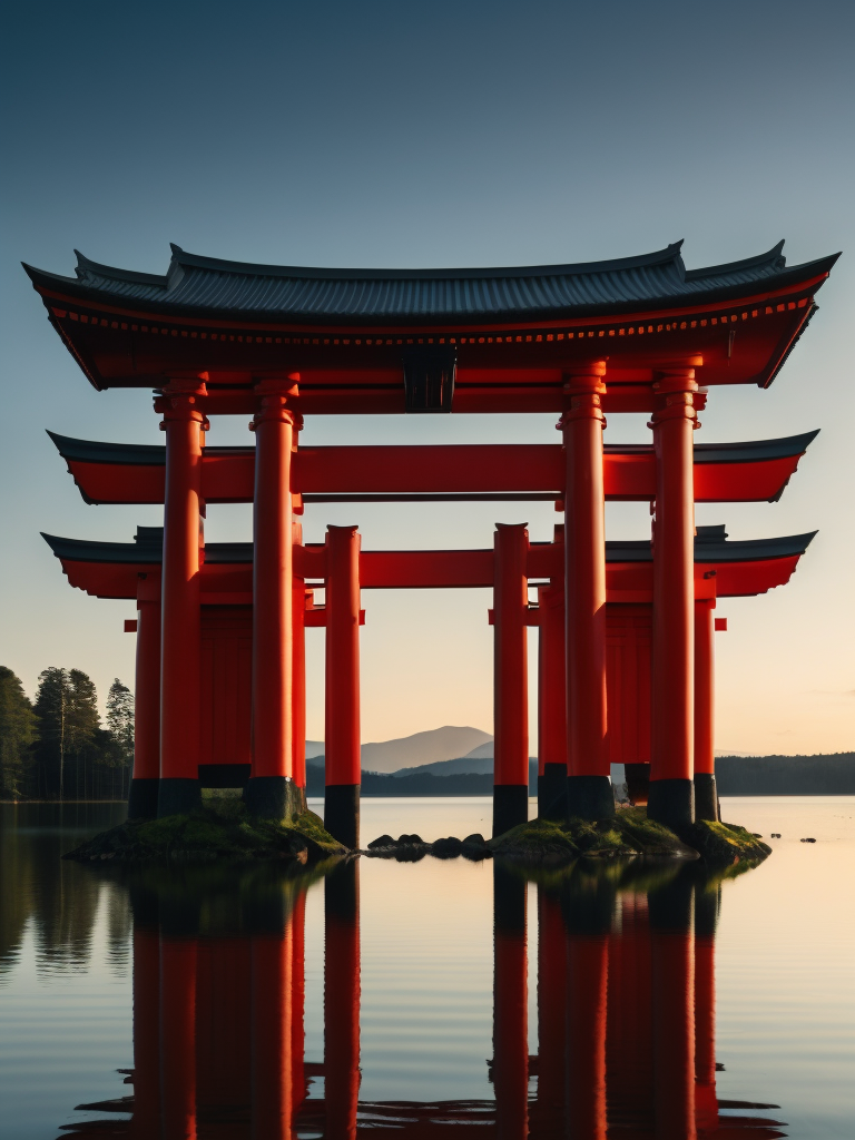 Red torii gate in middle of a lake, Dense forest on the edge of the lake, Bright and saturated colors, Japanese culture, photorealistic, contrast light