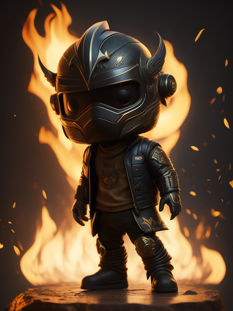 Full body 3d render of funko pop FIRE PHONIX IN JACKET, Indonesian face