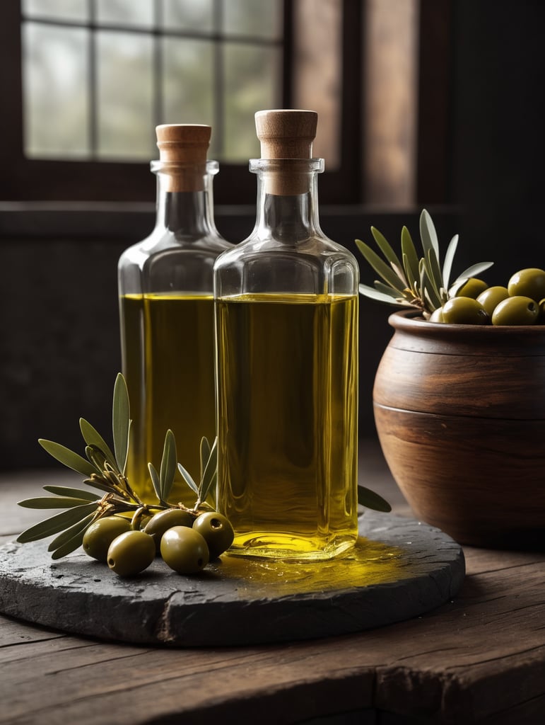 Quiero hacer una botella de aceite de oliva de 500 ml con una bebida de color aceite en su interior, llena hasta arriba con un tapón de madera. Sobre una mesa de madera deben colocarse una botella y unas ramas de olivo. Queremos que la marca sea fiel al antiguo estilo andaluz.