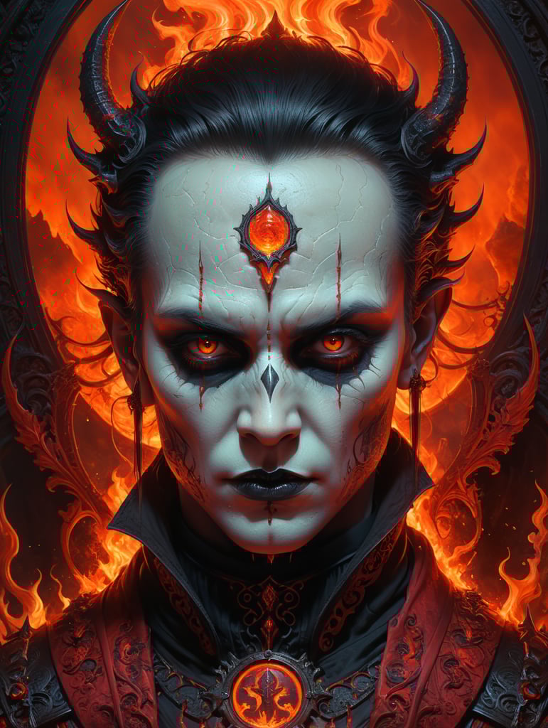 a guardian of hell portrait by casey weldon, fiery orange red and black color palette, olga kvasha, miho hirano, hyperdetailed intricately detailed gothic art trending on artstation triadic colors unreal engine 5 detailed matte painting, deep color, fantastical, intricate detail, splash screen, complementary colors, fantasy concept art, 8k resolution, gothic deviantart masterpiece