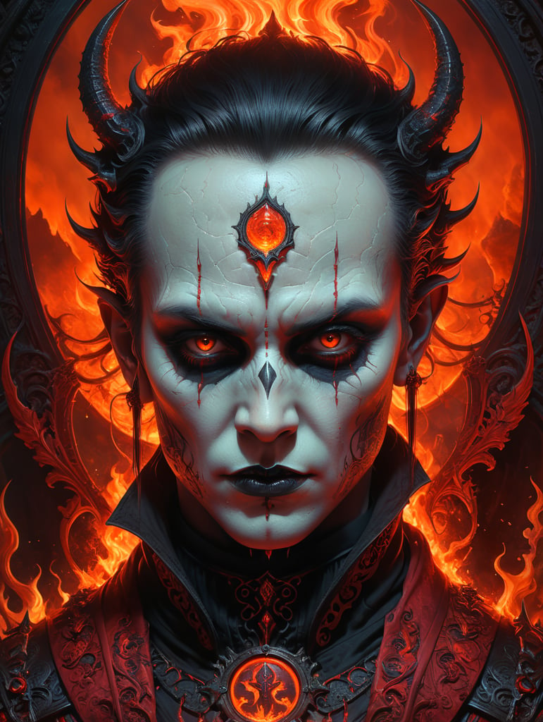 a guardian of hell portrait by casey weldon, fiery orange red and black color palette, olga kvasha, miho hirano, hyperdetailed intricately detailed gothic art trending on artstation triadic colors unreal engine 5 detailed matte painting, deep color, fantastical, intricate detail, splash screen, complementary colors, fantasy concept art, 8k resolution, gothic deviantart masterpiece