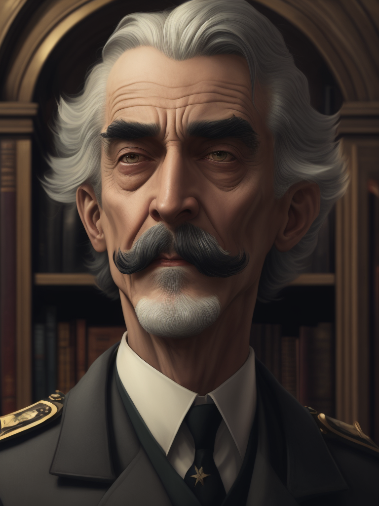 Lovecraftian portrait of a 1920s police detective, gray haired english moustache, bookshelves wide shot, artstation, concept art, illustration, ilya kuvshinov, vintage