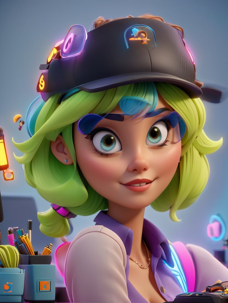 YOUNG WOMAN ENTREPRENEUR TECHNOLOGY E-COMMERCE OFFICE HIPSTER NEON PIXAR EXTREME DETAILED REALISTIC,