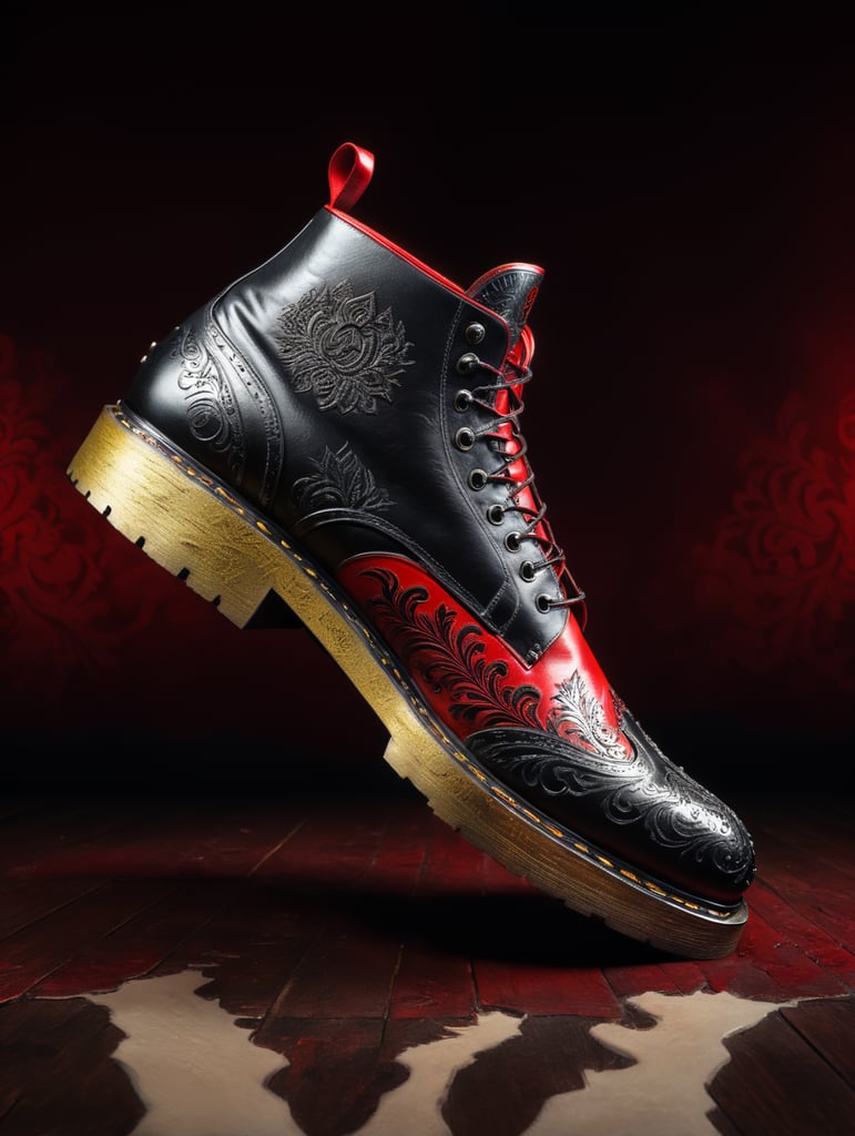 Completely black boots and a red background