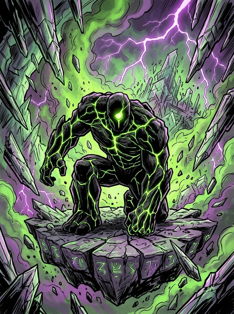 A massive obsidian golem with glowing green veins kneels on a jagged floating rock. Toxic green smoke and purple lightning fill the background of a collapsing alien crystal cavern. Shattered stalactites fall around the rocky figure. The high-contrast comic illustration features heavy black inking and vibrant neon lighting, highlighting dramatic apocalyptic destruction.