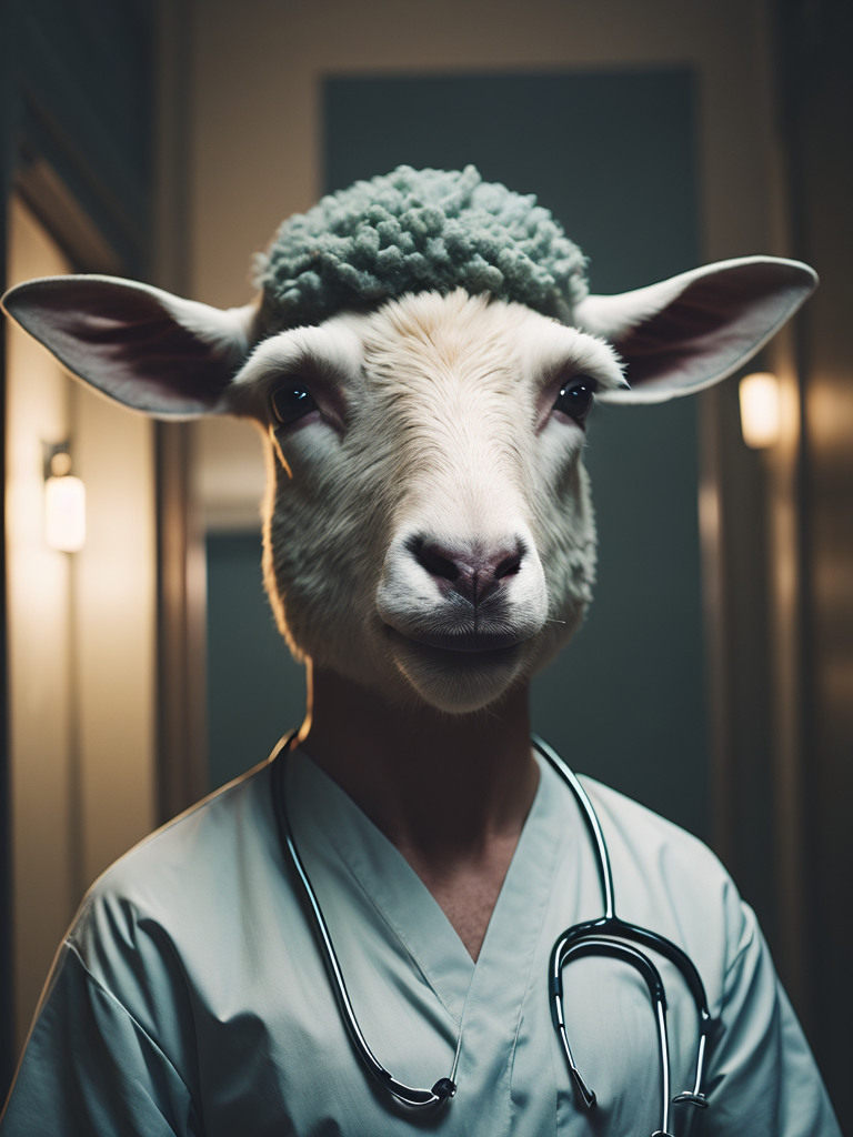 A sheep look like a human stylized as a nurse in the hospital. Full length.