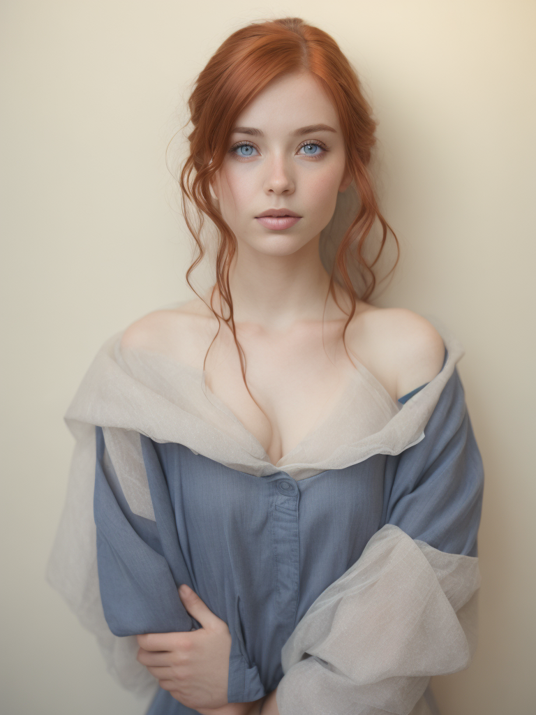 big blue eyes girl, red hair, hyper realistic, photo-realistic