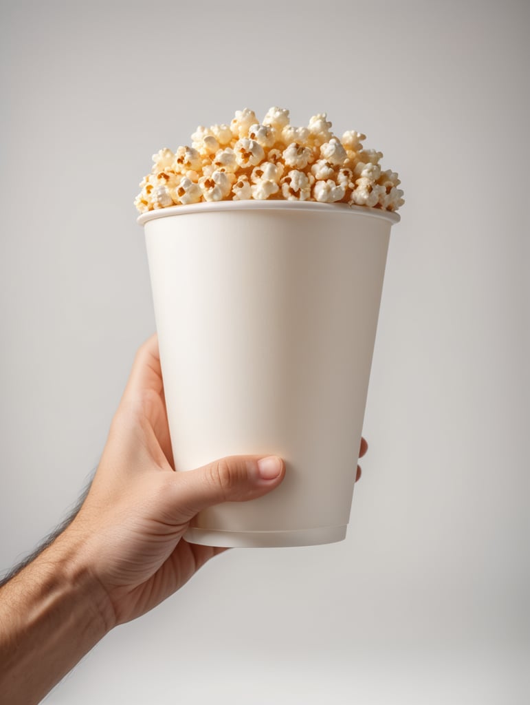 A cartoon hand is holding a popcorn cup, cartoon, 3d render, soft light, white background, mockup, mock up