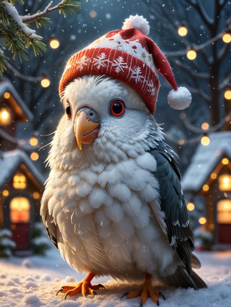 Cockatiel with a cute Christmas hat with snow falling down and Christmas style lighting