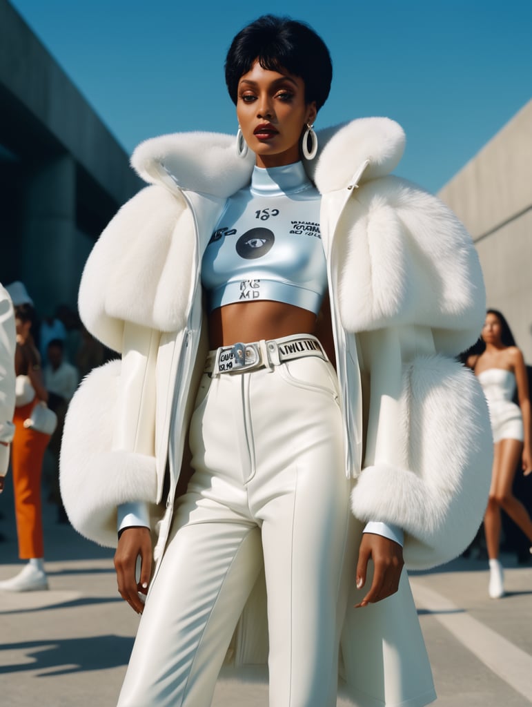 Donyale luna, model, 8k resolution, hyper realistic, day, 35mm film, editorial, high fashion, 2023, off white by virgil abloh