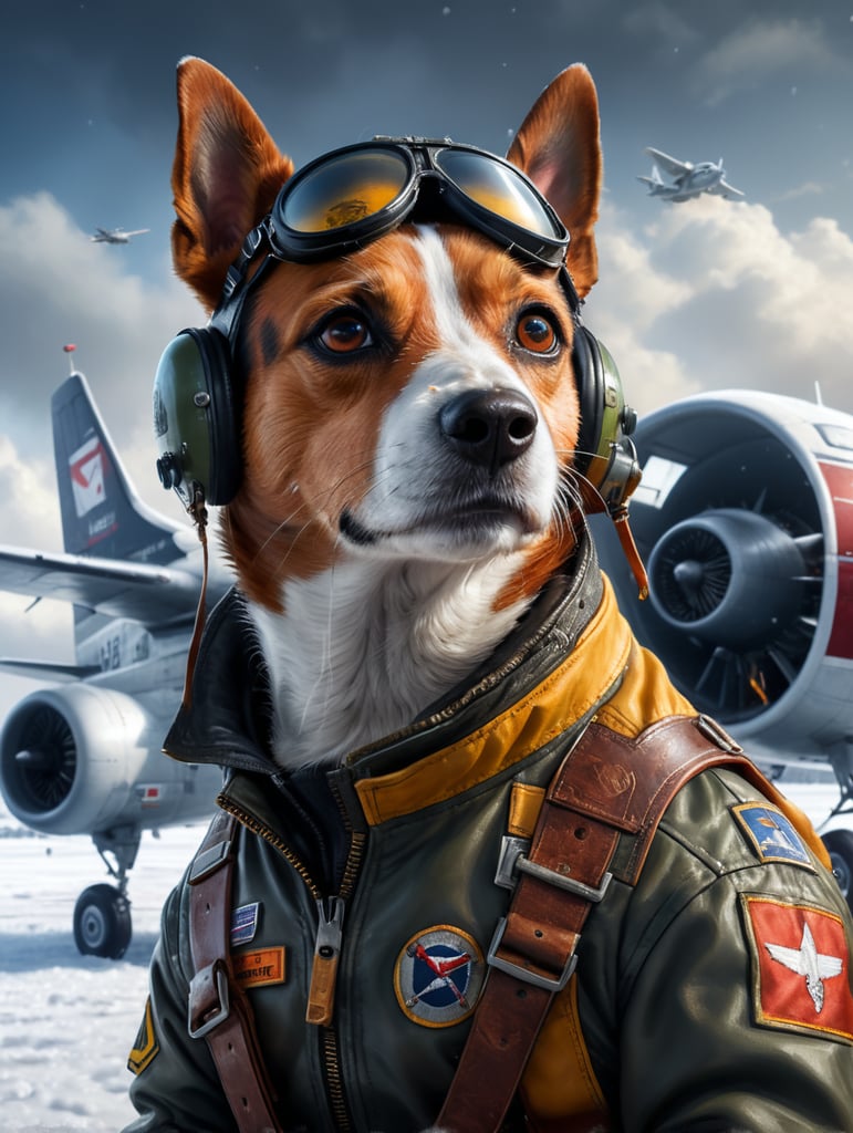 Photorealistic portrait of a jack russell dog in a pilot's outfit, realism, a plane in the background, snow