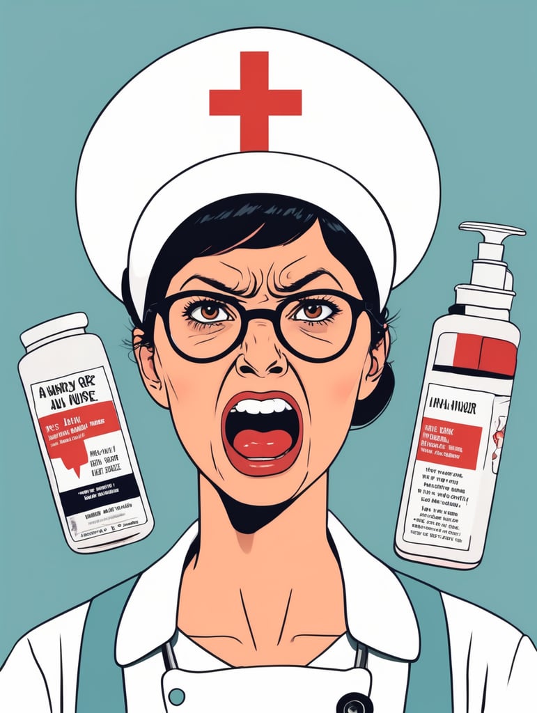 an angry nurse, Illustration, Flat Style, France, style of Jean Jullien