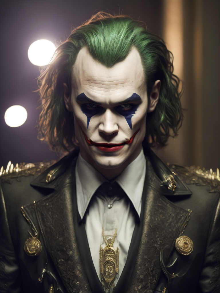 Ultra-sharp photography of male hero, heath ledger as dc joker sitting in an high fashion pose, bust shot, cybernetic face & body, perspective from under, + cinematic shot + dynamic composition, incredibly detailed, sharpen, details + pose from a hajime sorayama painting + steampunk suit with gold ornate armour attire with filigree details + futuristic city in background + evening with light + perfectionism + ultra detailed hair + ultra detailed skin + ultra detailed eye + dc joker in super haute couture + art by emil melmoth, giger, marcin nargraba, rebecca millen + high fashion + award winning realism + the composition is balanced and dynamic