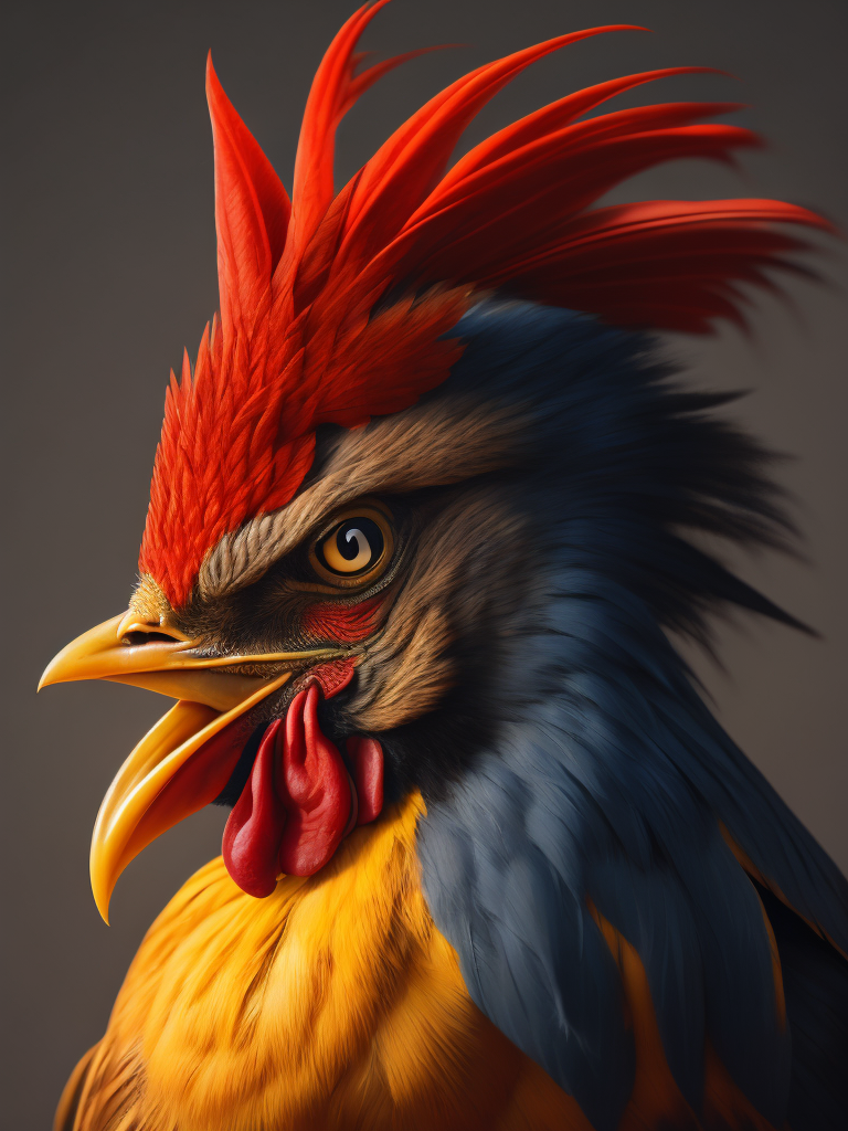 Detailed profile portrait of a rooster, Depth of field, Incredibly high detail, gradient background, Vibrant colors, Depth of field, Incredibly high detail