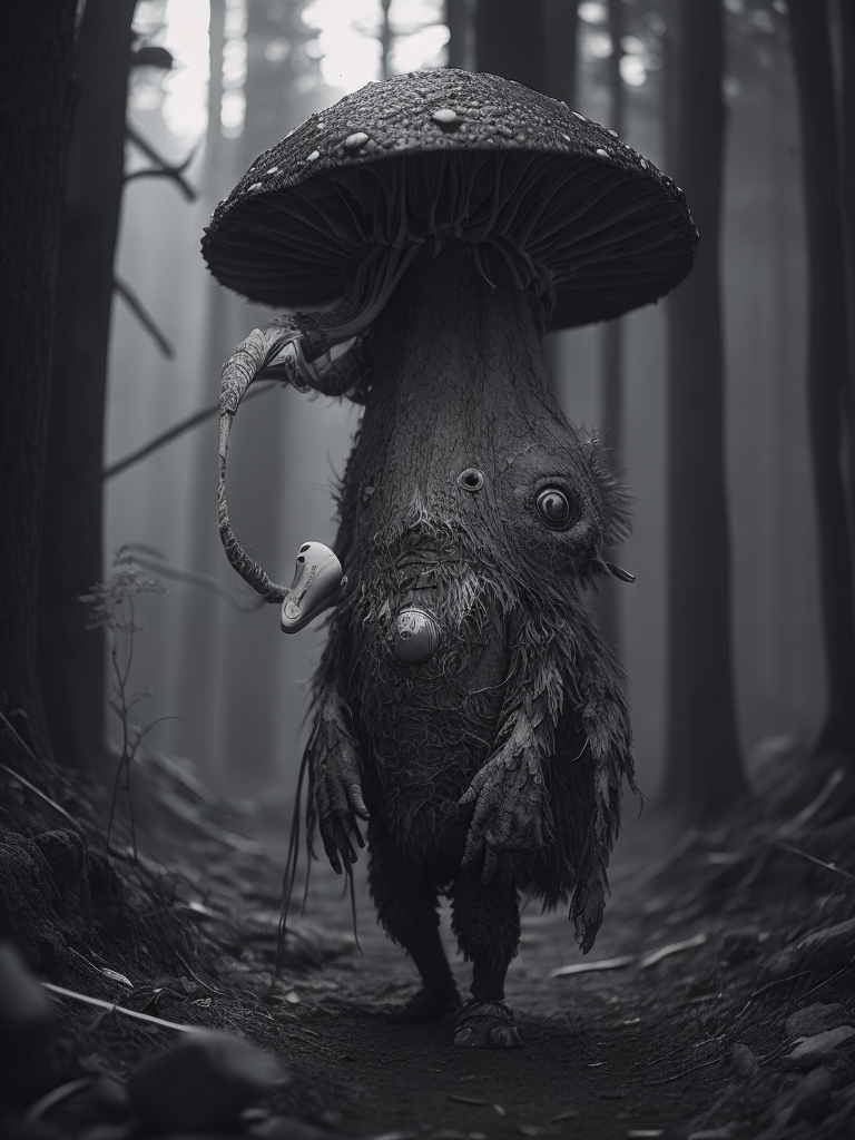 mushroom monster, black and white illustration