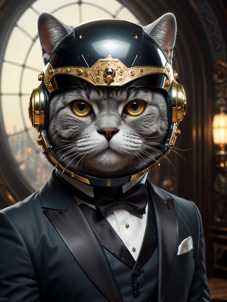 British Shorthair wearing a tuxedo and daft punk style helmet