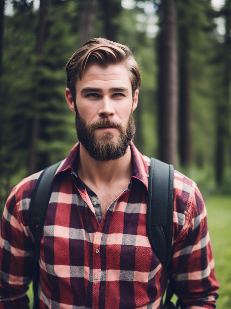 Portrait of Chris Hemsworth as a Canadian lumberjack, with a large beard and a plaid shirt, against the backdrop of a dense forest, bright saturated colors, Contrasting cinematic light