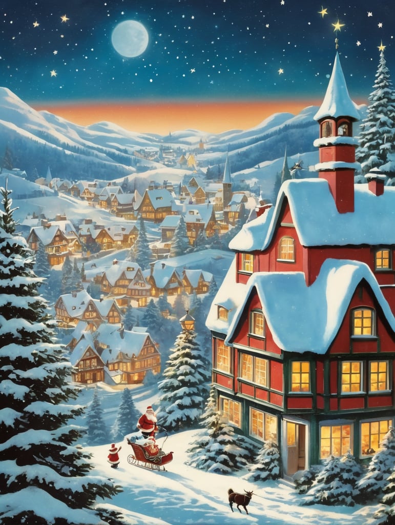 christmas card, santa claus in the foreground, christmas tree, fairytale houses, atmosphere of christmas and joy, sky strewn with stars. the postcard was made in the 60s