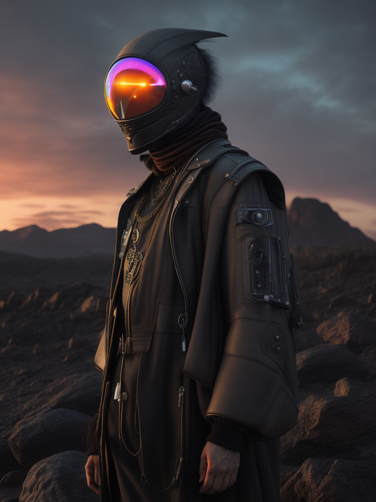 an professional high fashion portrait studio on a tarot card of an epic, masterpiece, alien friendly standing on moon wearing a high fashion dress and a neon visor in an black rock environment at dawn with a galactic black hole, expansive:2 hyper realistic, 8k, raytracing, close shot, cinematic look, avant garde fashion look, luxury, elite, cinematic, designer fashion, Alexander McQueen, Rick Owens, Yohji Yamamoto Y3, Balenciaga, Burberry