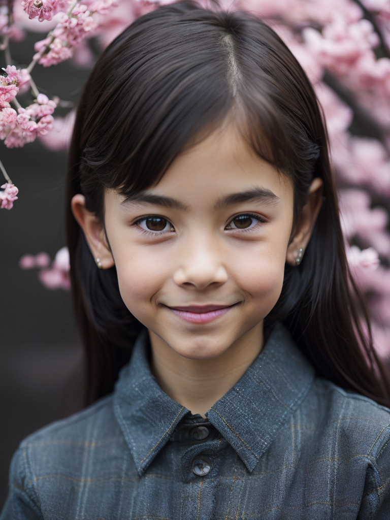 girl, 10 years old, smile, looking straight into the camera, cherry blossom background, detailed