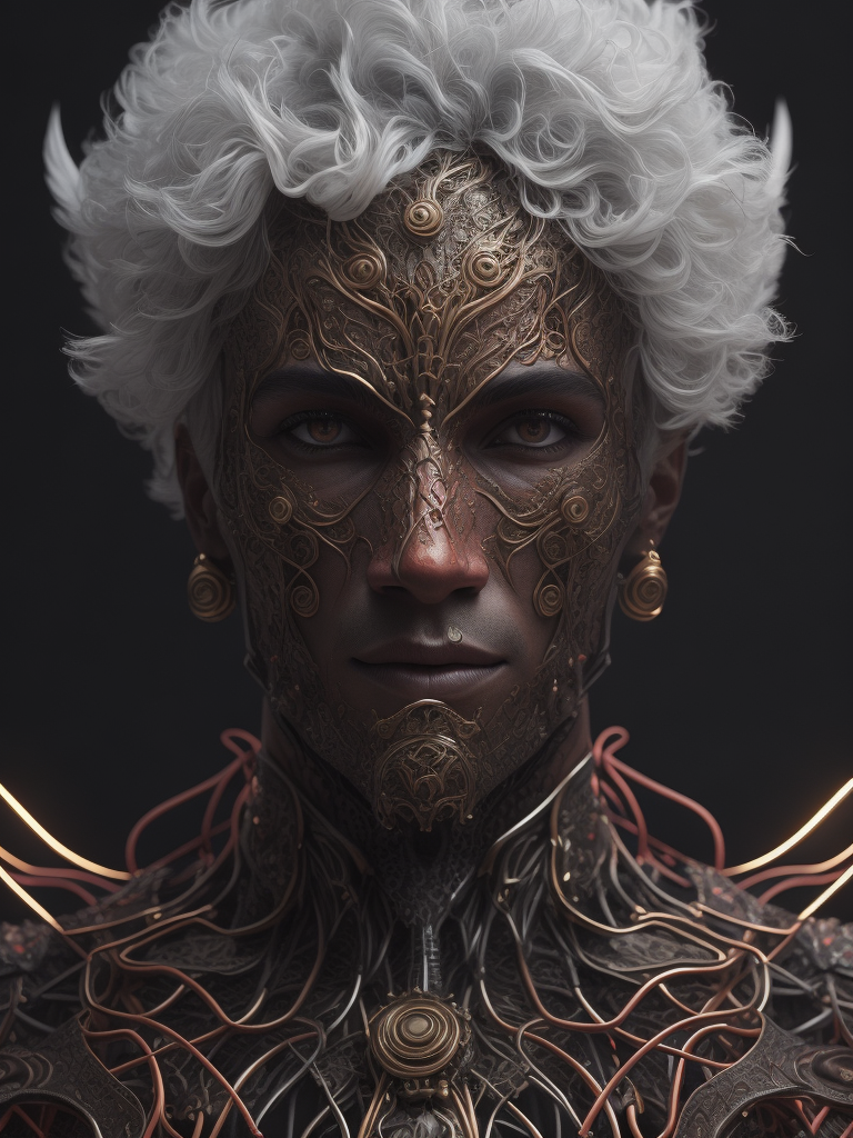 Complex 3d render ultra detailed of a beautiful death angel, biomechanical cyborg, analog, 150 mm lens, beautiful natural soft rim light, big leaves and stems, roots, fine foliage lace, colorful details, samourai, boris bidjan saberi outfit, pearl earring, piercing, art nouveau fashion embroidered, intricate details, mesh wire, mandelbrot fractal, anatomical, facial muscles, cable wires, microchip, badass, hyper realistic, ultra detailed, octane render, volumetric lighting, 8k post-production, red and white with a bit of black, detailled metalic bones, semi human, iridescent colors, glenn brown style,